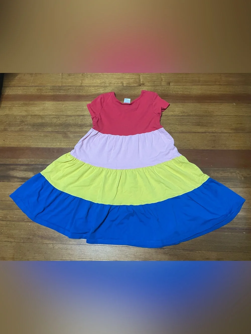 Hanna Andersson Red Pink Yellow Blue Tiered Color Block Cotton Dress Size 6-7